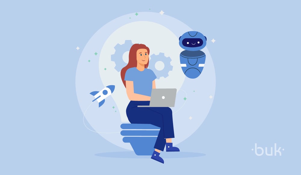 Ilustración que muestra a una mujer frente a un computador y al lado de ella un robot