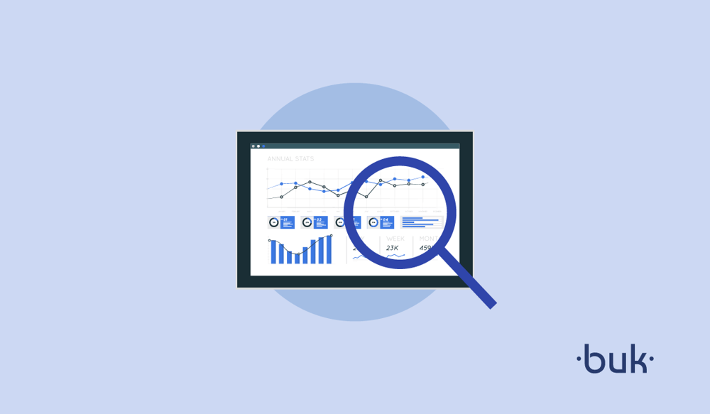 Ilustración sobre un computador con una lupa gigante mostrando resultados en data de hr analytics en forma de gráfico