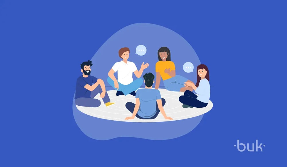 Ilustración sobre un grupo de personas conversando amentamente entre sí