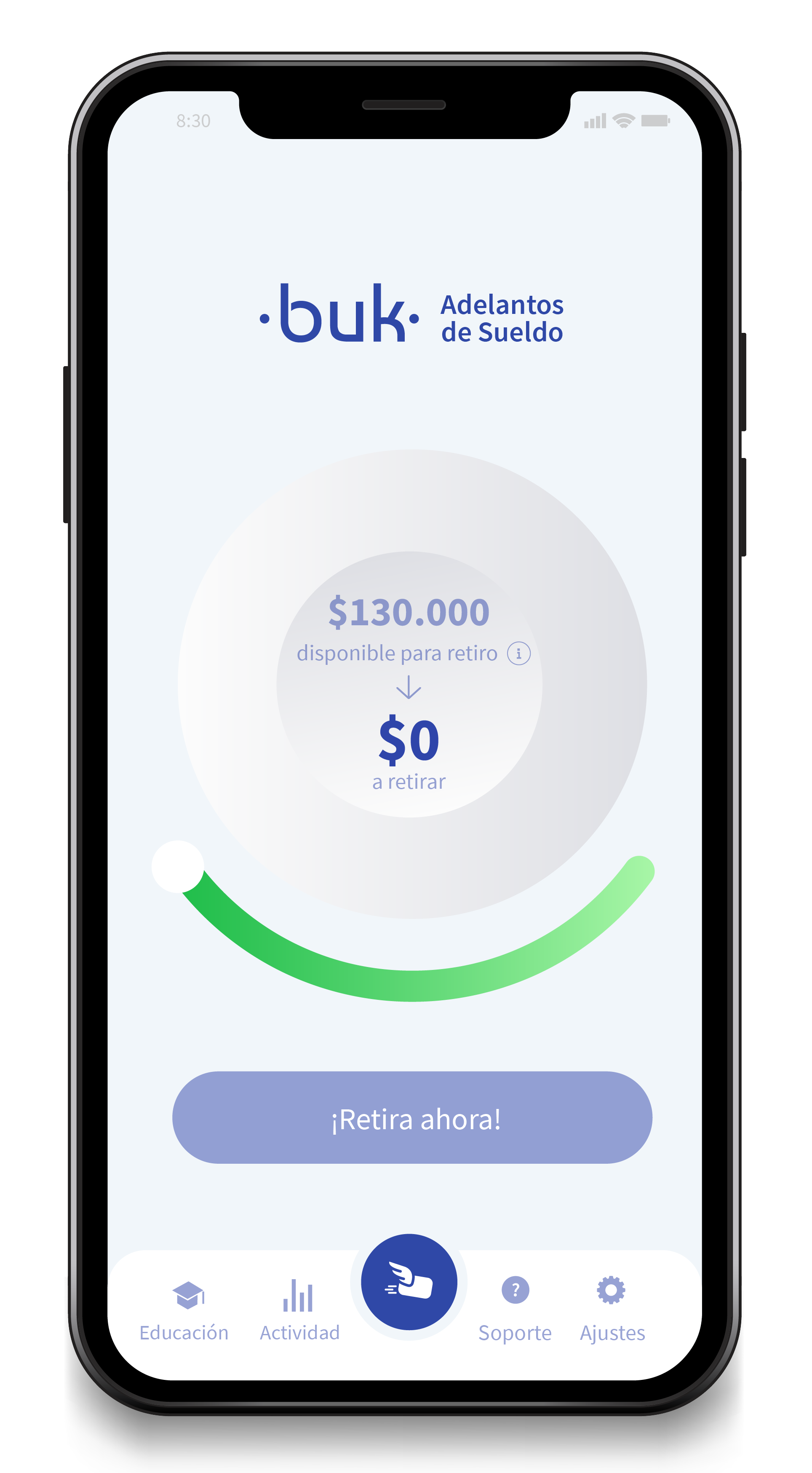 Celular grande, en su interior interfaz de Buk que muestra la cantidad de $130.000 disponible para retiro y un botón que dice retira ahora