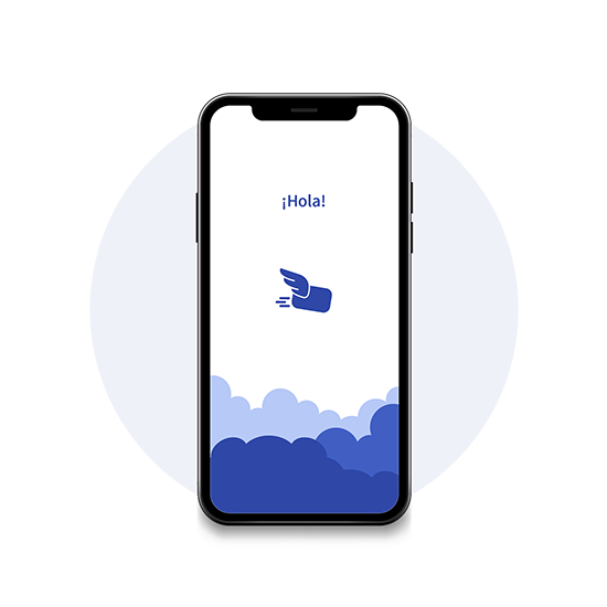 Imagen de un celular grande y dentro de la pantalla unas nubes y una tarjeta con alas
