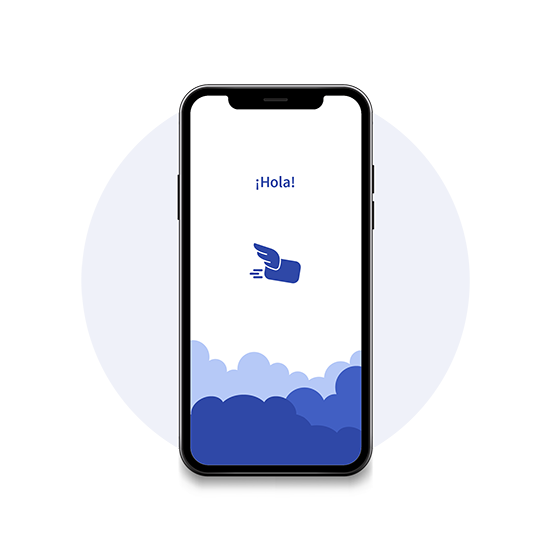 Imagen de un celular grande y dentro de la pantalla unas nubes y una tarjeta con alas