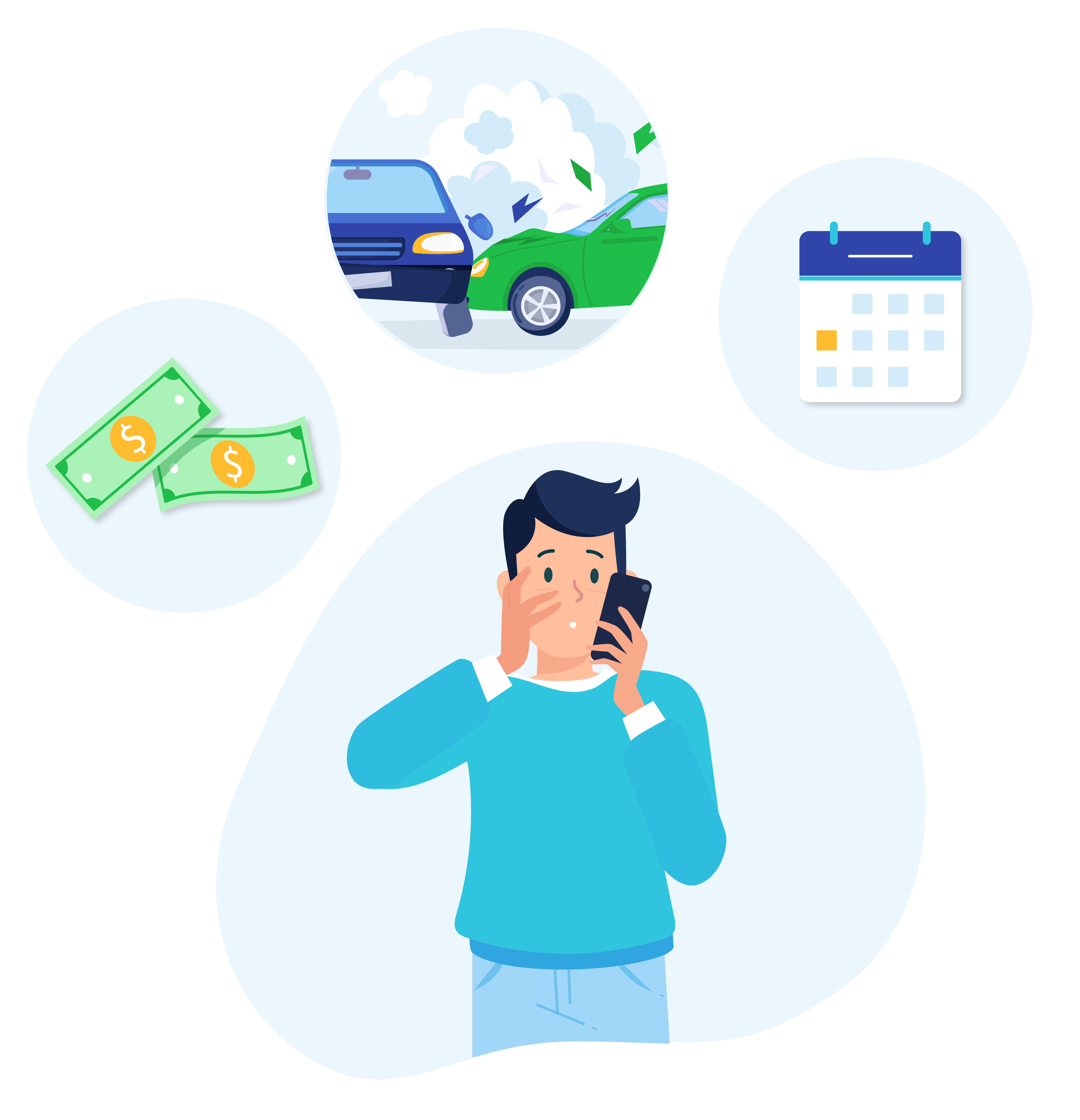 Imagen de hombre mirando su celular afligido por las deudas y arriba de su cabeza tres pensamientos: choque de auto, calendario y billetes