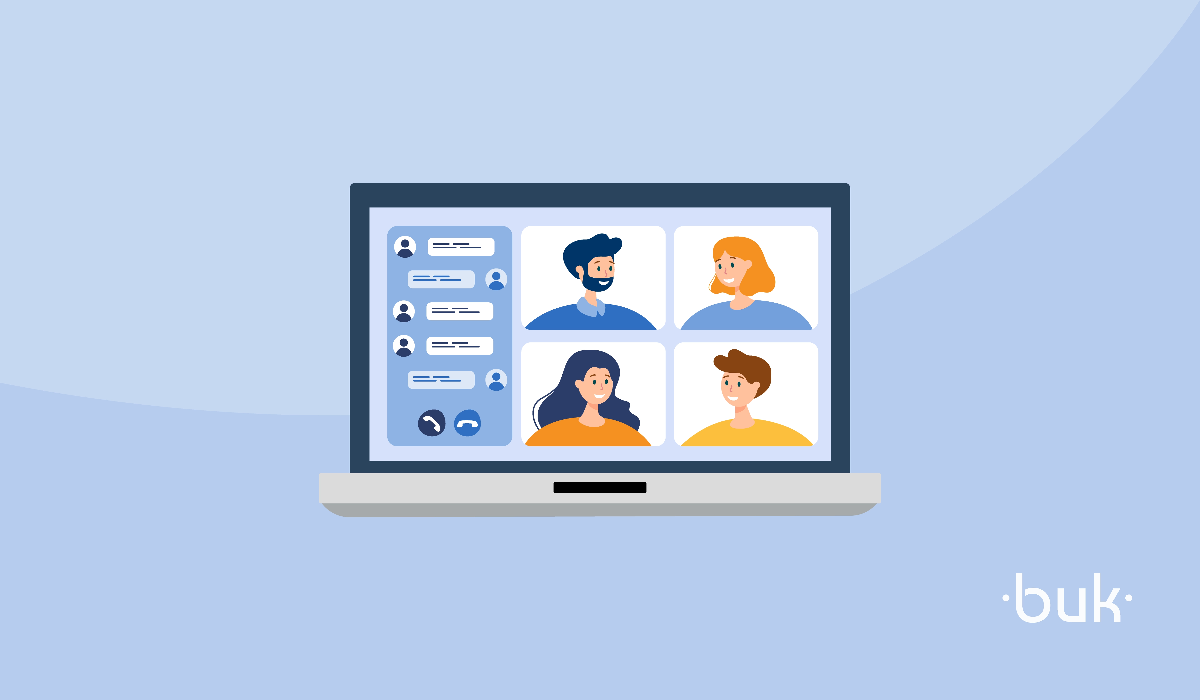Ilustración sobre es la que aparece un grupo de personas conectadas de manera online en la pantalla de un computador