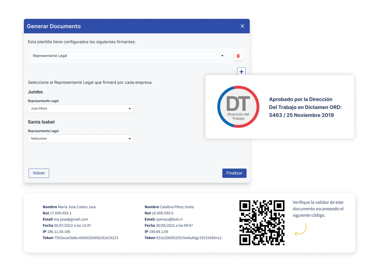 Imagen que muestra el sello de aprobación de la dirección del trabajo a través del dictamen ORD: 5463 del 25 de noviembre de 2019 y código QR de verificación