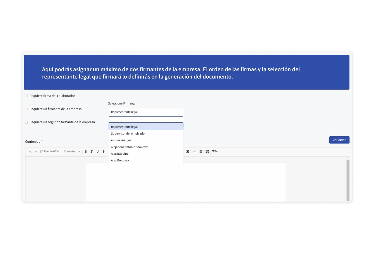 Interfaz del software donde muestra donde se asigna el número de firmantes en la empresa